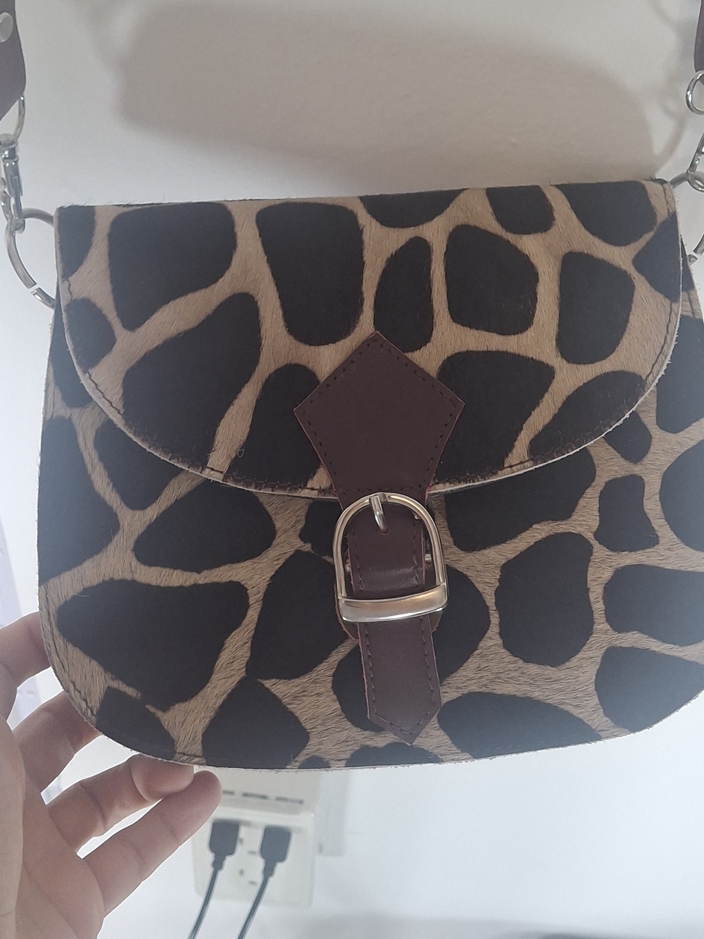 Leopard Pattern Crossbody Bag with Buckle - Tan and Black